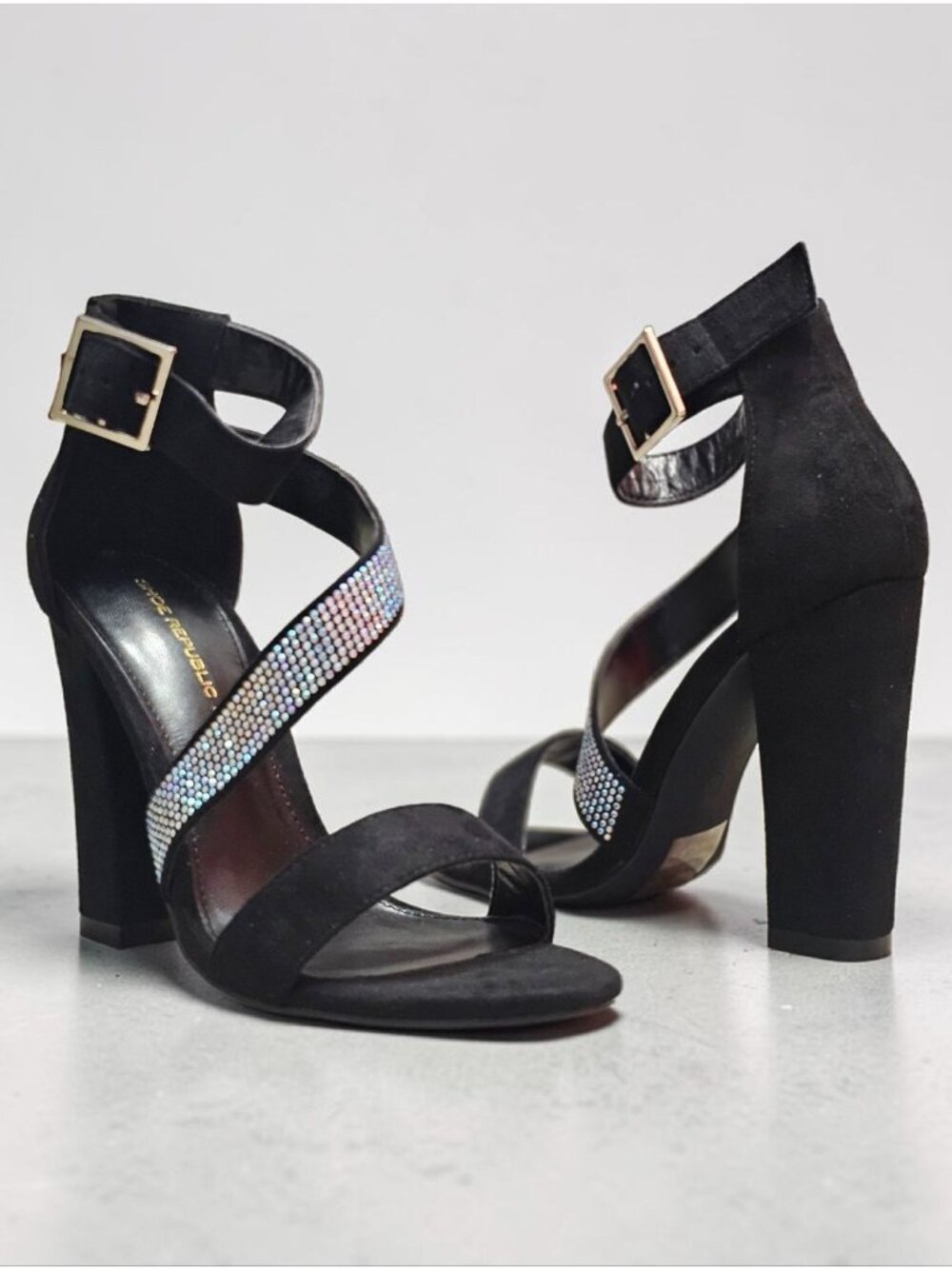 Black Block Heel Sandals With Rhinestone Straps & Adjustable Buckle - Womens Dre